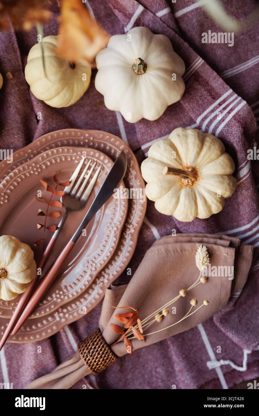 Rustic autumn table decor with pumpkins and stylish tableware Stock Photo