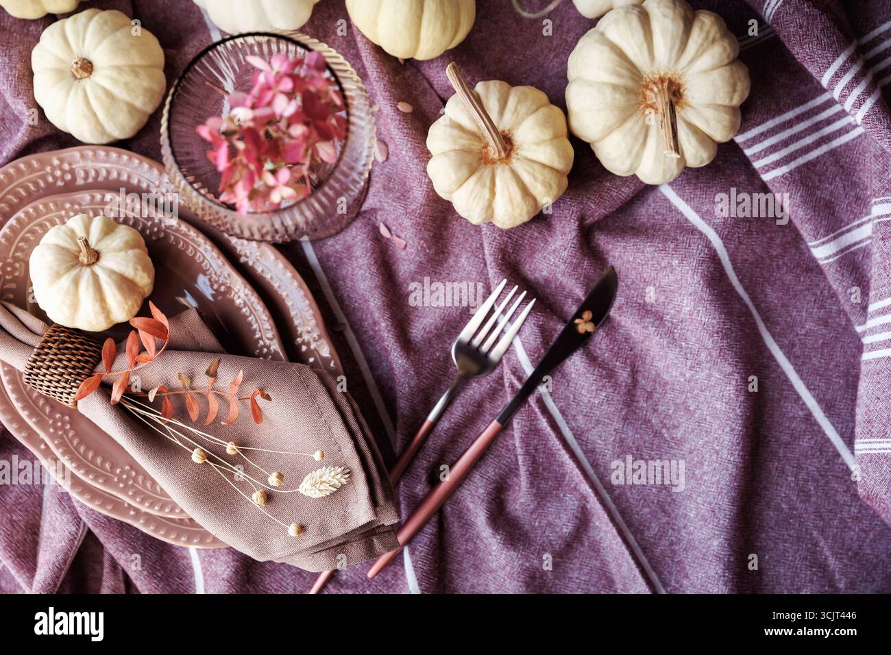 Cozy autumn dining table with pumpkins and rustic tableware Stock Photo