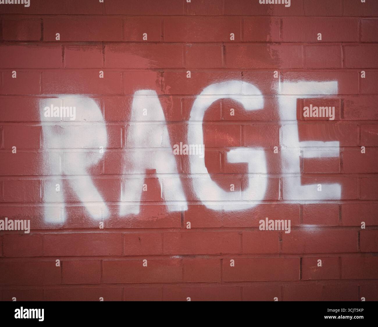 Graffiti Text Reading RAGE Spray Painted On A Red Brick Wall Stock Photo