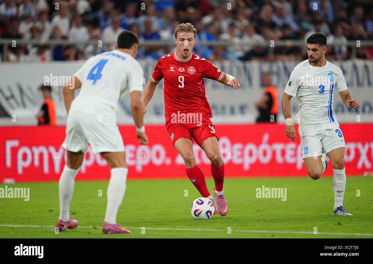 September 08 2025: Rasmus Hoejlund of Denmark controls the ball during ...