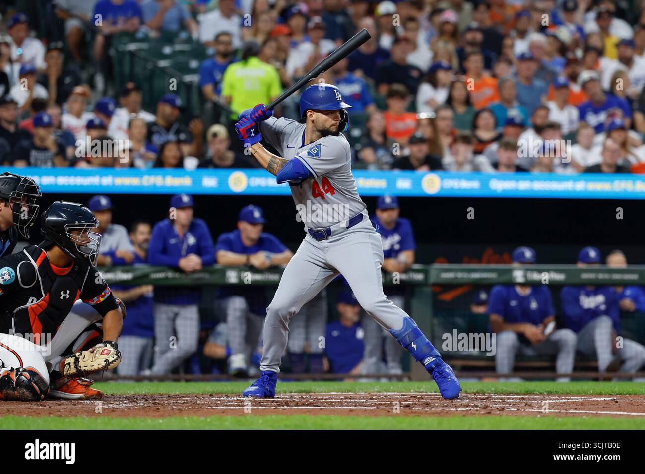 Andy Pages #44 of the Los Angeles Dodgers at bat during a game against ...