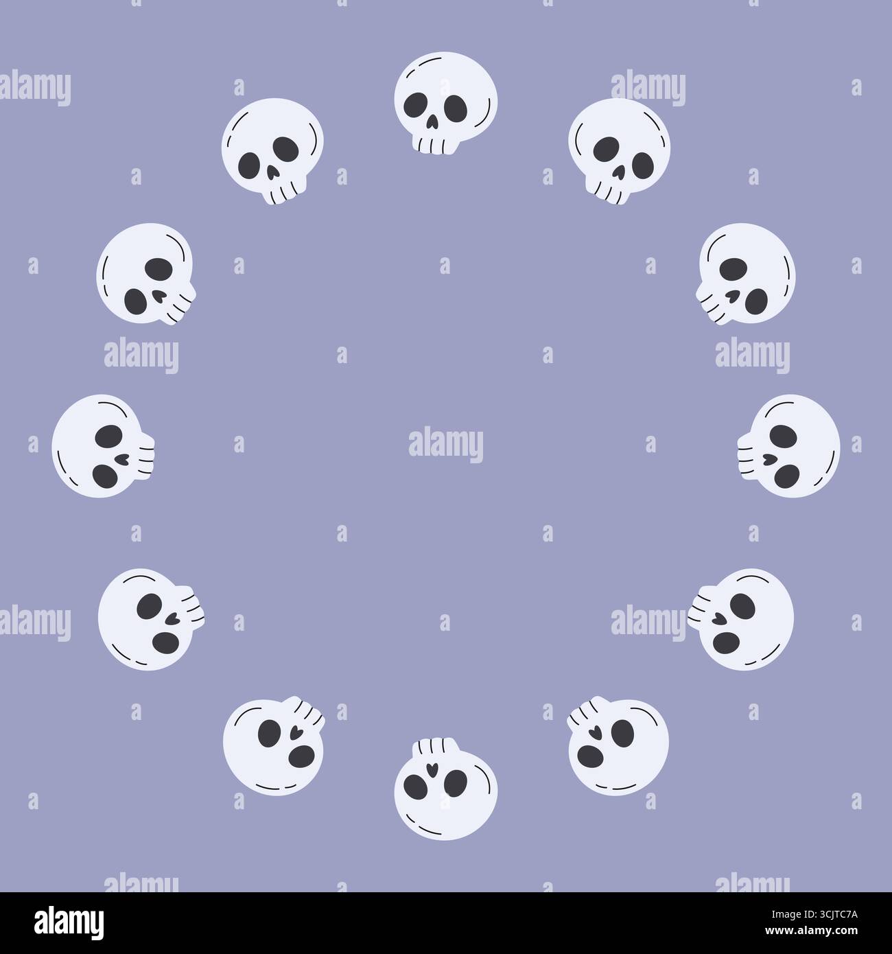 Round skull frame. Halloween design. Isolated white background. Vector illustration in flat style. Stock Vector
