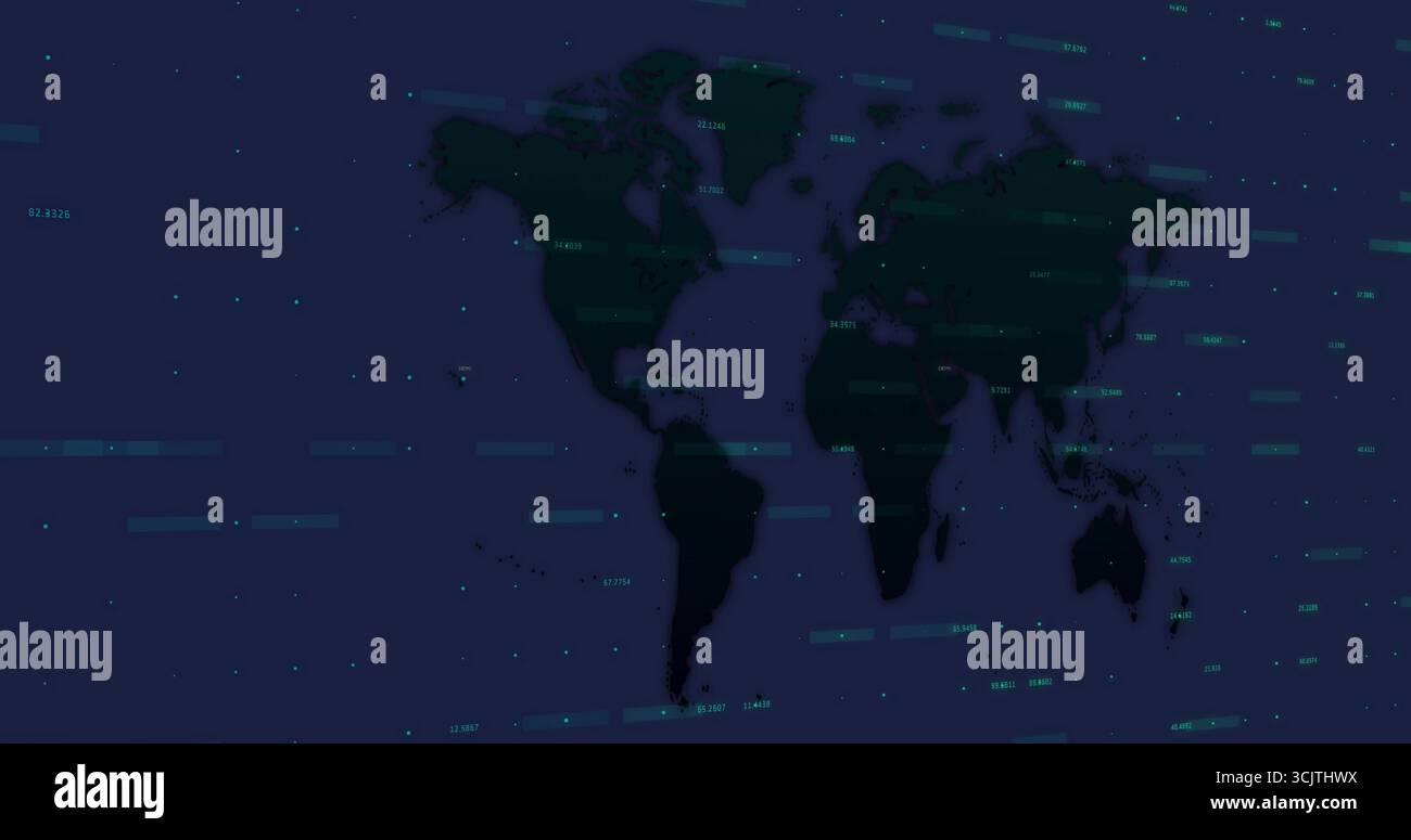 Displaying navy world map silhouette in dashboard, with cyan data blocks and coordinate strings Stock Photo