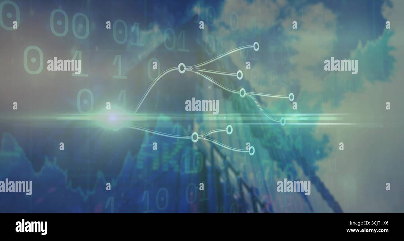 Floating central node branching into six nodes over cloudy sky, with binary digits and light flare Stock Photo
