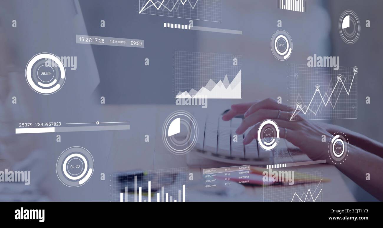 Typing hands on laptop keyboard at office desk, with floating data visualizations Stock Photo