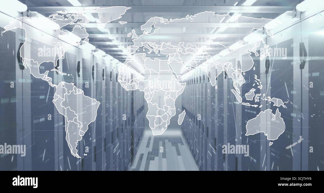Server corridor showcasing digital world map overlay in data center ...