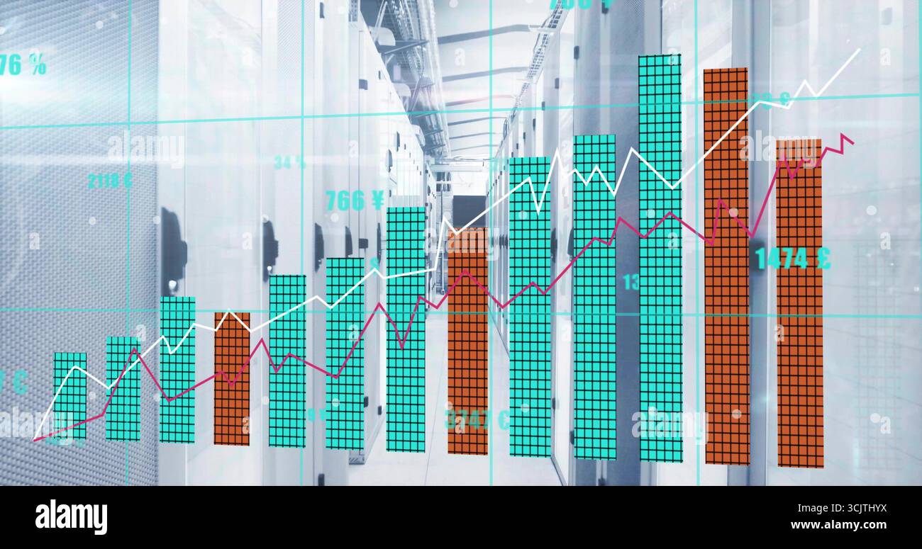 Server Rack Graph Displaying overlay with bar and line graphs floating across data center ...
