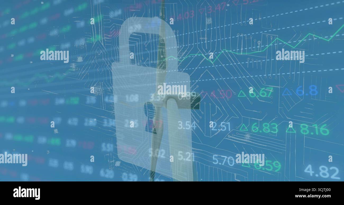 Floating 3D padlock icon hovering over blue interface, with circuit graphics and stock ticker data Stock Photo