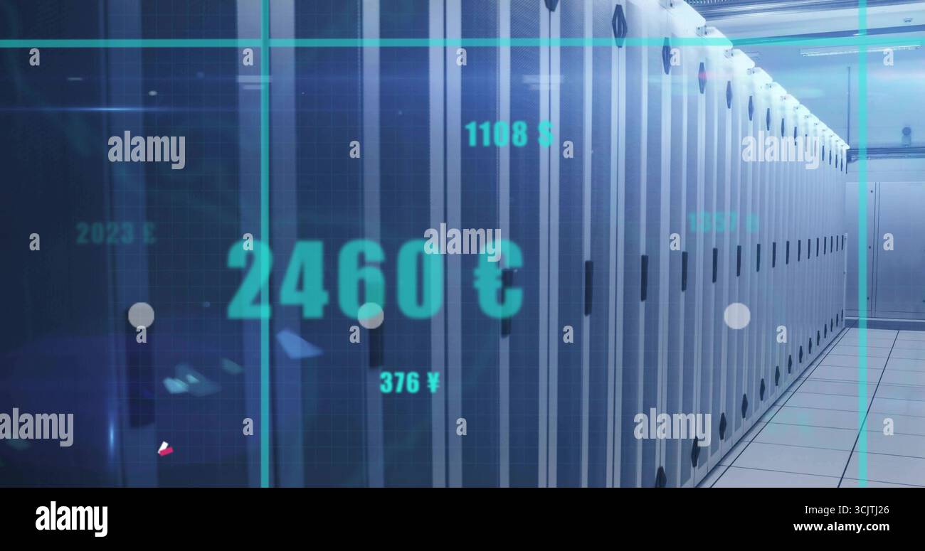 Displaying server cabinets stretching down data center aisle, with floating neon currency figures Stock Photo