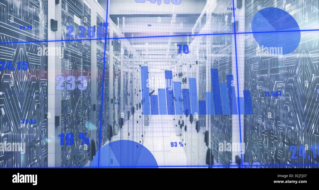 Illuminating server room aisle displaying server racks, featuring live analytics overlay Stock Photo