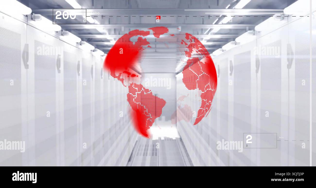 Projecting red digital globe over server racks in data center corridor, showing numeric UI bars Stock Photo