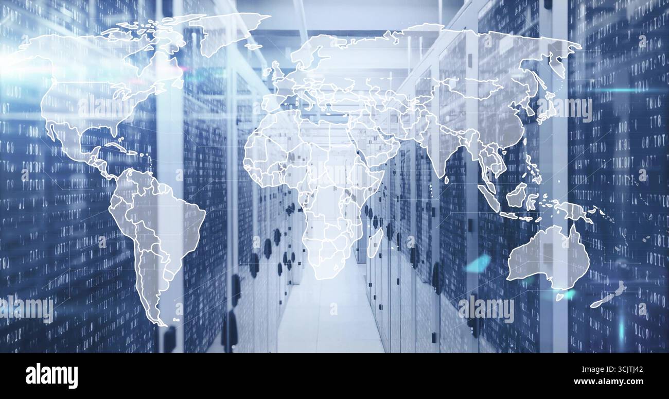 Displaying server rack aisle under bluish LEDs, with world map overlay and cascading binary code Stock Photo
