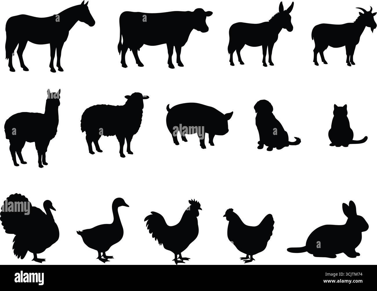 Collection of Farm Animal Silhouettes in Black Vector Design Stock ...