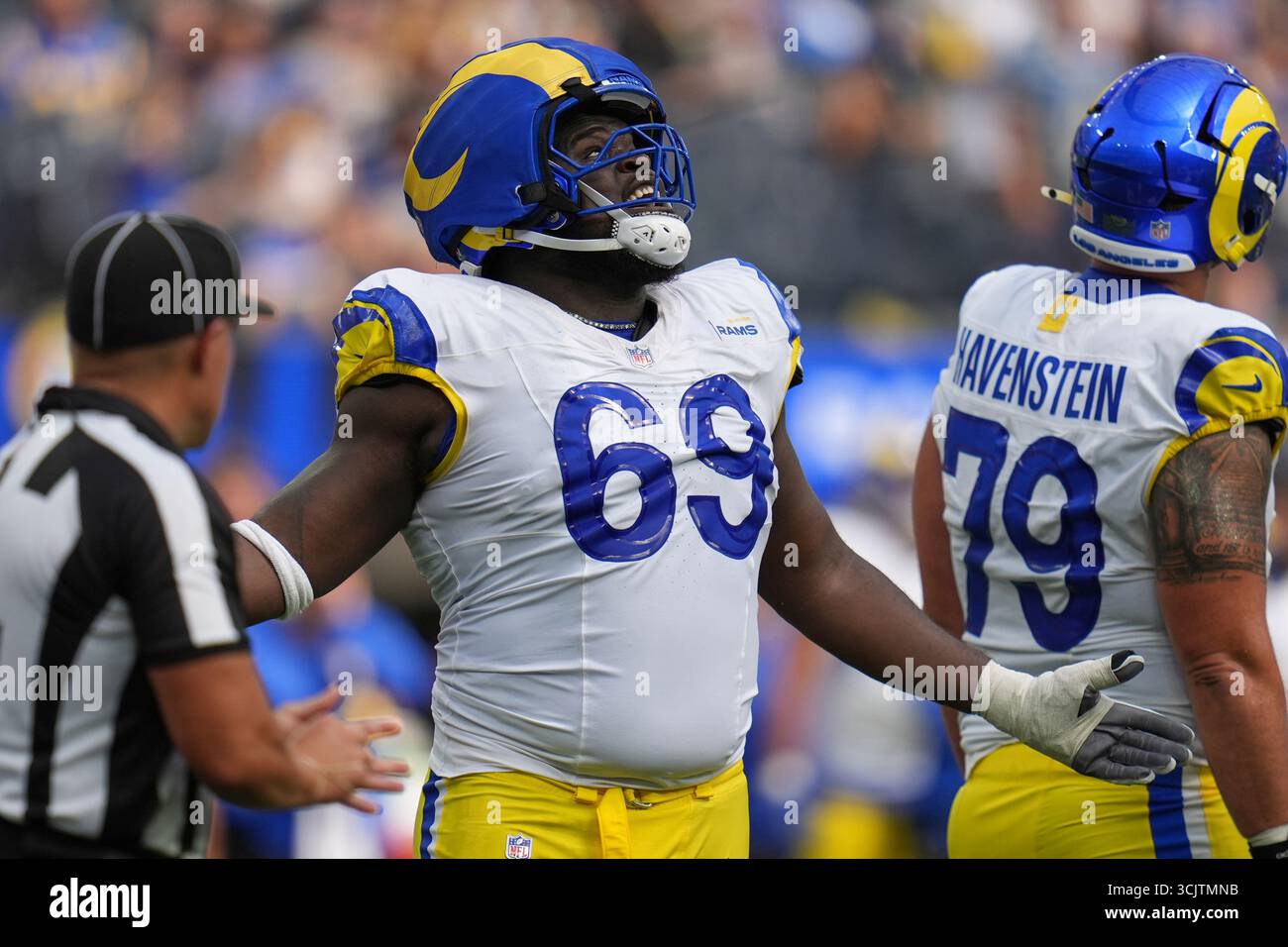Los Angeles Rams guard Kevin Dotson (69) celebrates of an NFL football ...