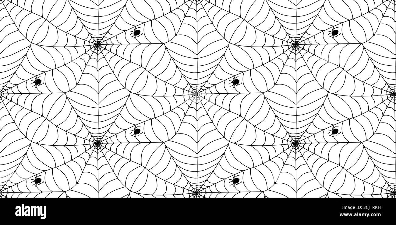 Intricate black and white spider web design showcasing multiple spiders on a patterned backdrop Stock Vector