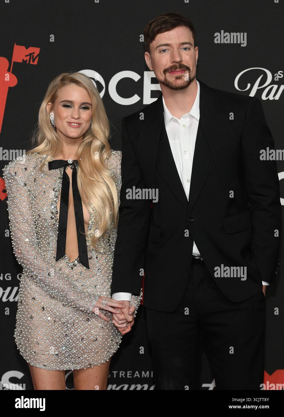 Thea Booysen and MrBeast attend the 2025 MTV Video Music Awards at UBS ...