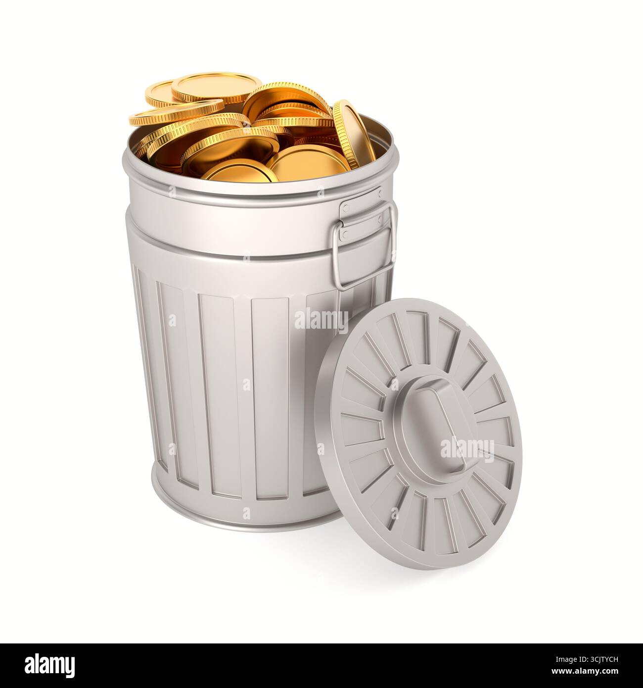 Open garbage basket with golden coins on white background. Isolated 3D ...