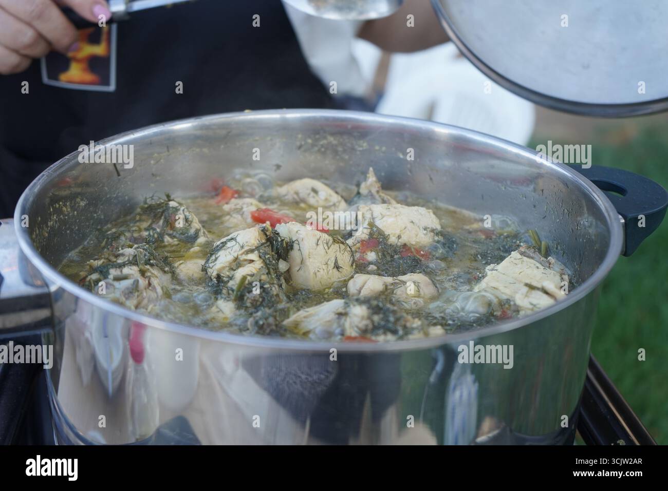 A close-up shot of traditional Cretan chicken with fennel simmering in a pot, showcasing the rich texturesmof the authentic Greek dish. Stock Photo