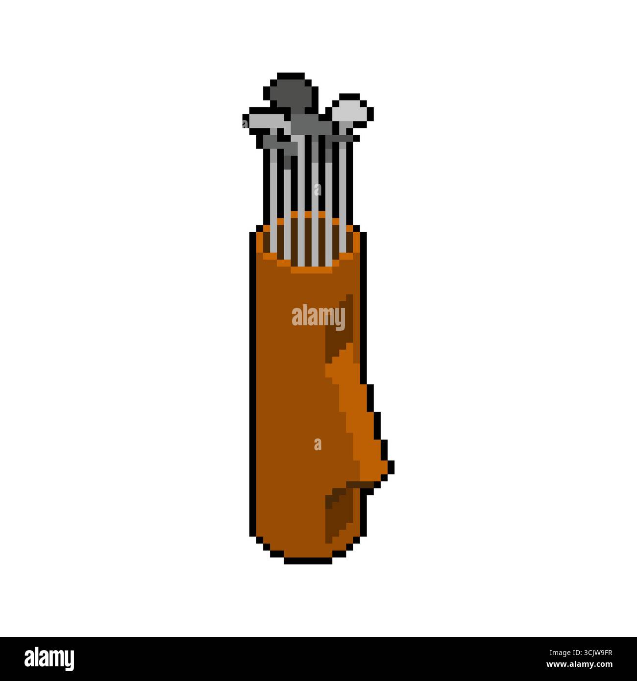 Pixel art golf bag with clubs, symbolizing sport, leisure, recreation, golfing hobby, retro game style, and active lifestyle. Stock Vector