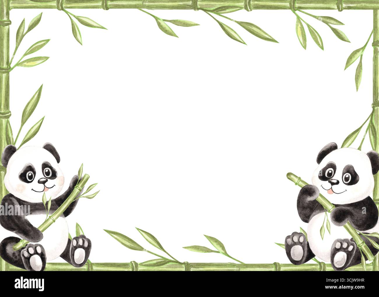 Cute baby pandas with green bamboo watercolor postcard template. Frame ...