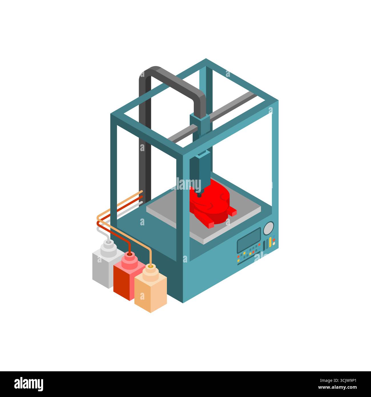 3D printer creating a human heart, symbolizing medical innovation, biotechnology, organ printing, and future of healthcare. Stock Vector