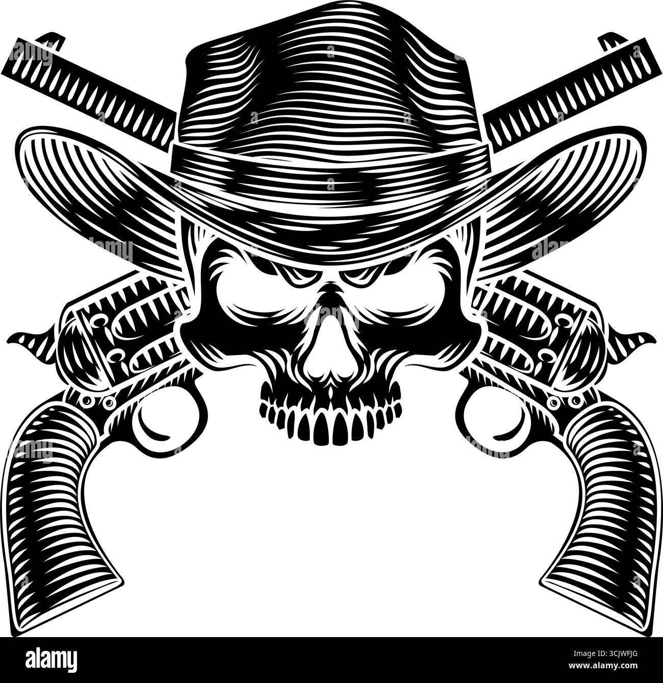 Cowboy Hat Skull and Crossed Gun Pistol Revolvers Stock Vector Image ...