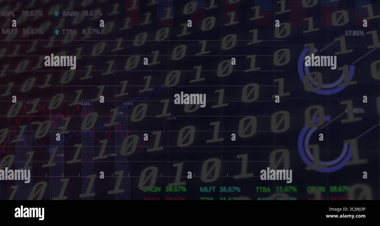 Displaying binary code overlay on digital finance dashboard, revealing stock tickers and world map Stock Photo