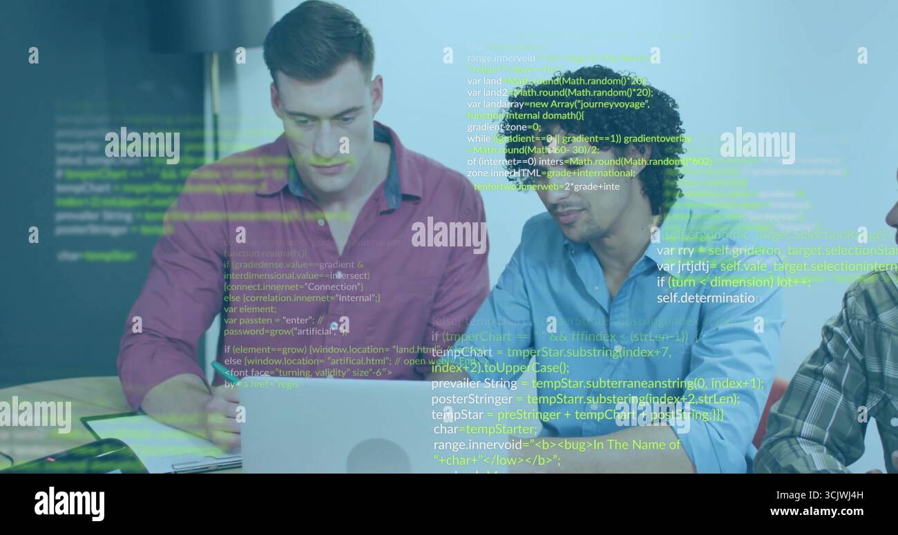 Collaborating men reviewing code on silver laptop in conference room, with floating code blocks Stock Photo