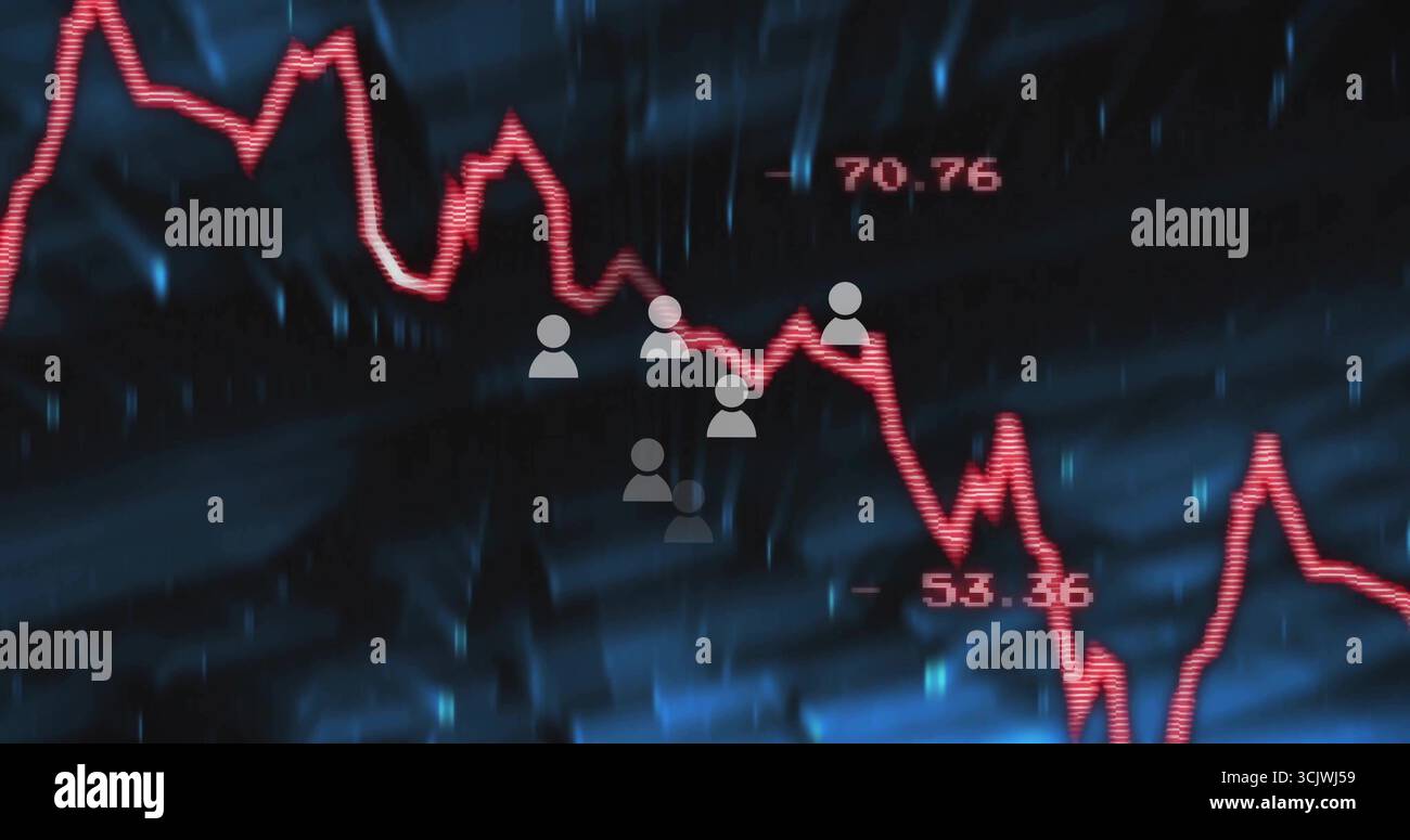 Displaying red line chart falling in data dashboard, with gray avatars and numerical labels Stock Photo