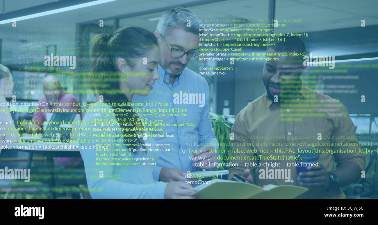 Three developers in casualwear collaborating over tablet and documents in office, with code overlay Stock Photo