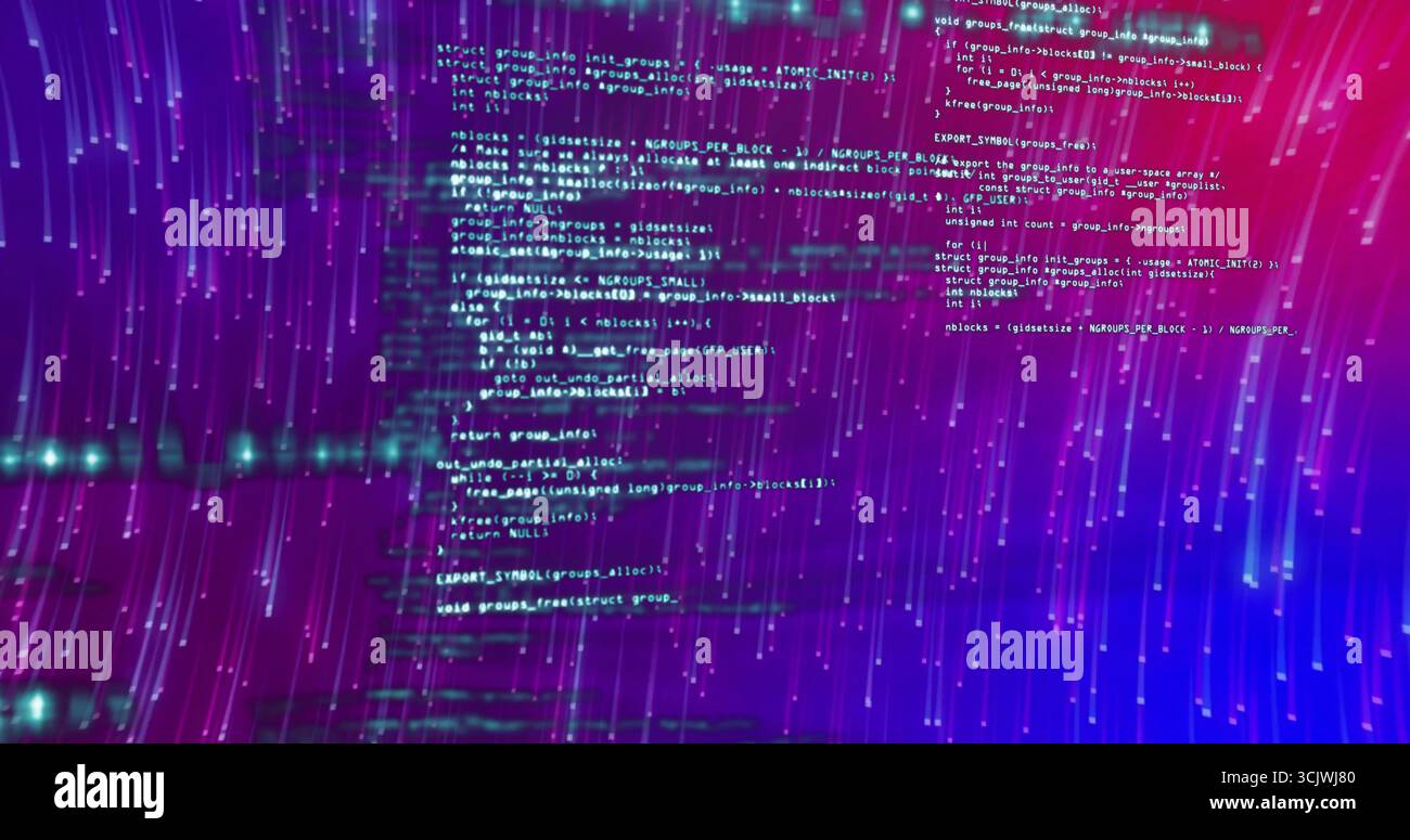 Displaying transparent code blocks streaming over neon cyberspace gradient, glowing streaks, nodes Stock Photo