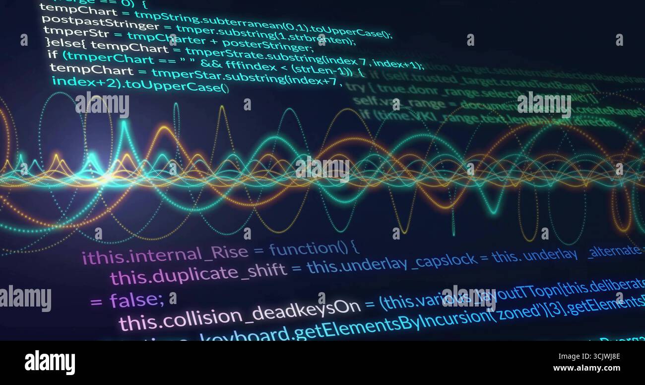 Displaying code editor showing JavaScript functions on dark screen, with neon waveform overlay Stock Photo