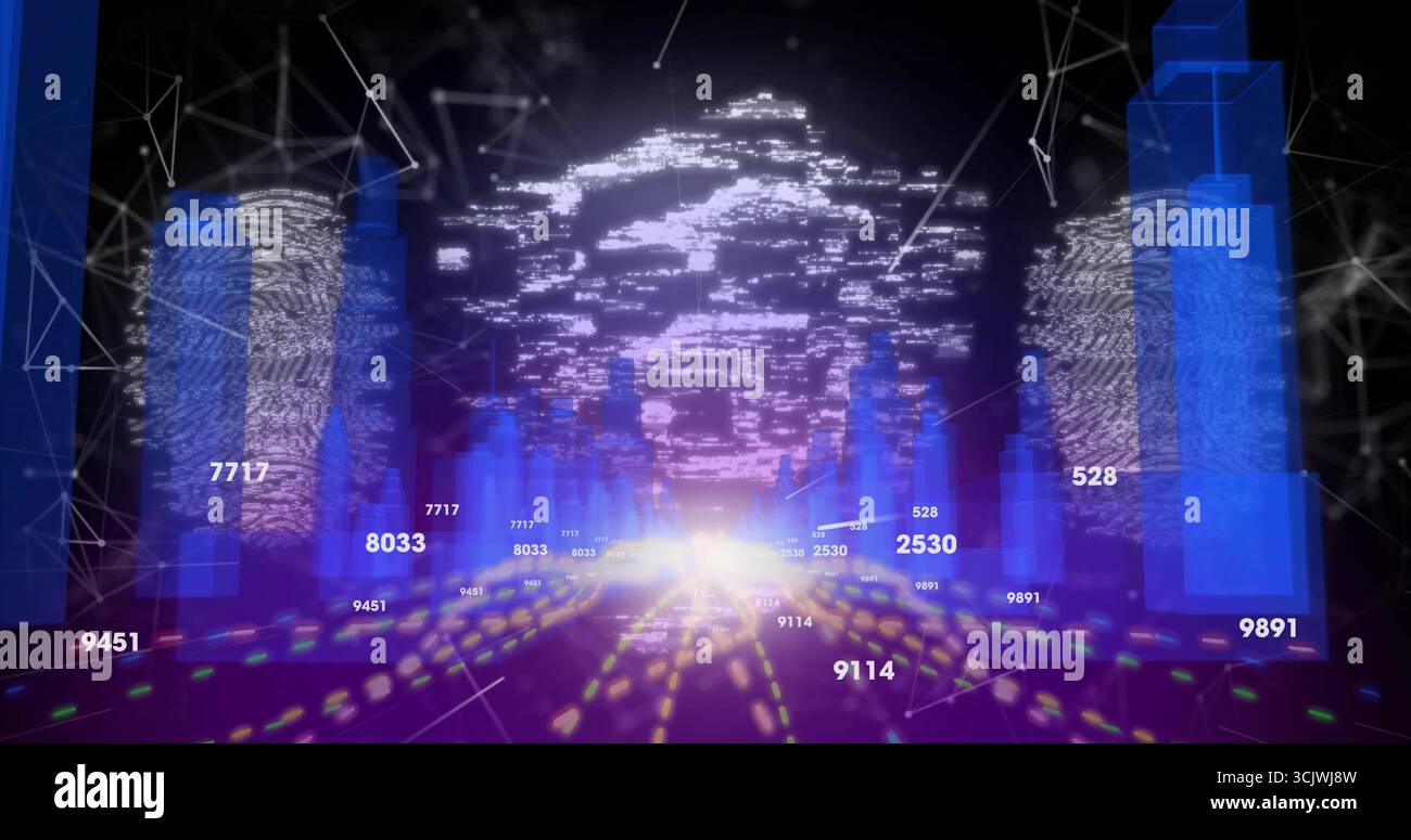 Forming translucent fingerprinted data bars in cyberspace, showing numeric labels and network lines Stock Photo