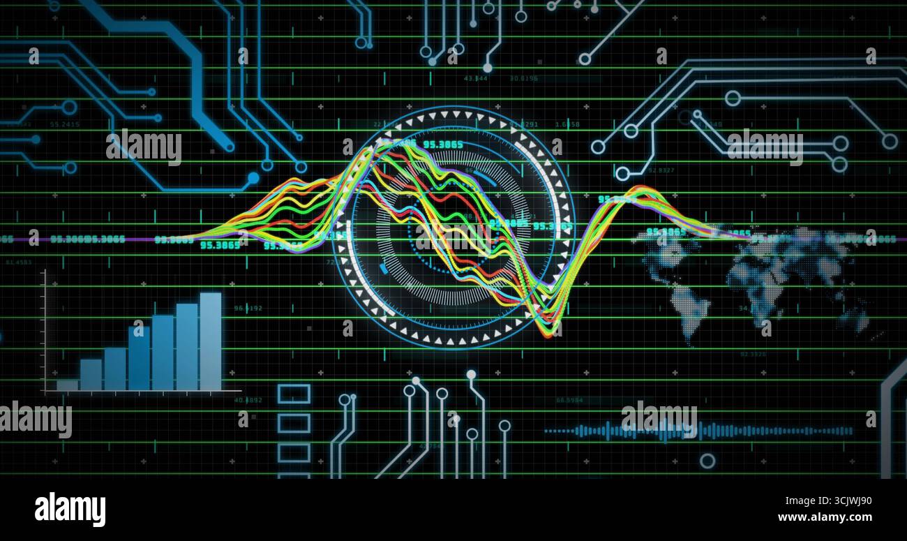 Displaying radar interface with colorful waveforms and world map on virtual control panel Stock Photo