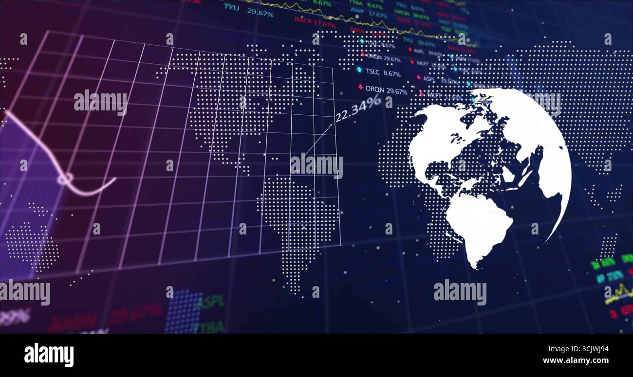 Displaying financial data in UI, with dotted map grid, white globe with 22 Stock Photo