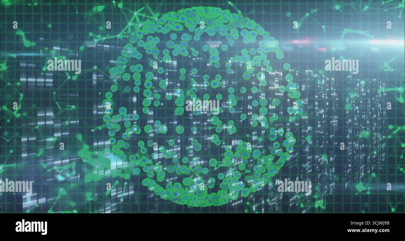 Displaying digital spherical network hovering above server racks at data center with data streams Stock Photo