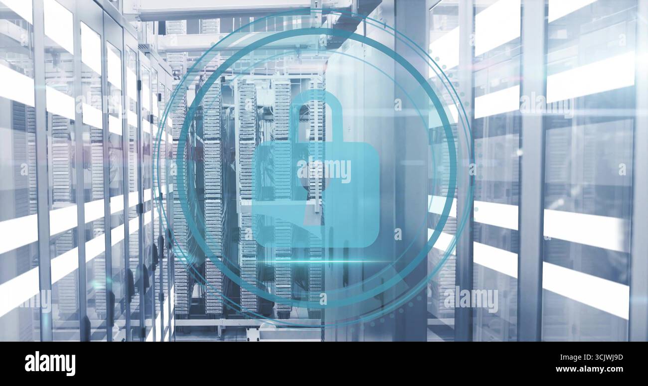 Floating translucent blue padlock hovering in server room with server racks cable trays, LED strips Stock Photo