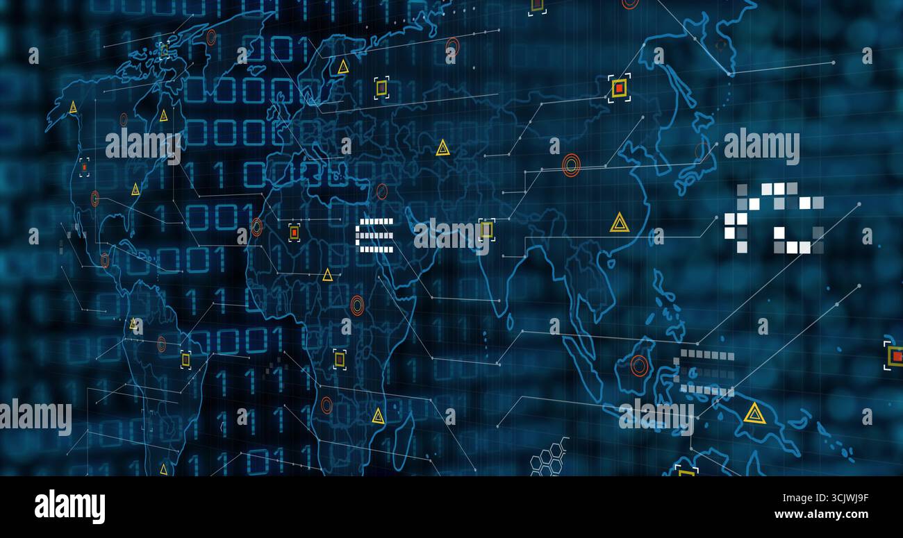 Displaying translucent map overlaying binary code on dashboard showing warning triangles and nodes Stock Photo