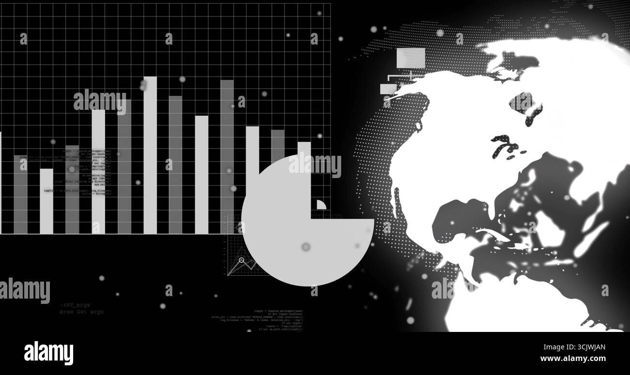 Displaying interface featuring bar chart, donut chart on dark screen, world map, boxes, copy space Stock Photo