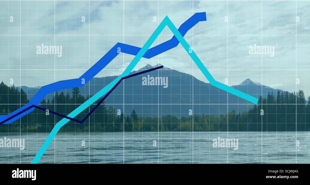 Featuring colored line charts rising over mountain lake panorama with ...