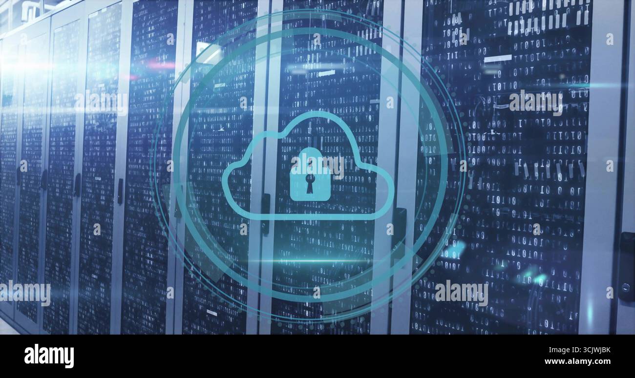 Displaying turquoise cloud lock icon overlaying server racks with LEDs, data cables in data center Stock Photo
