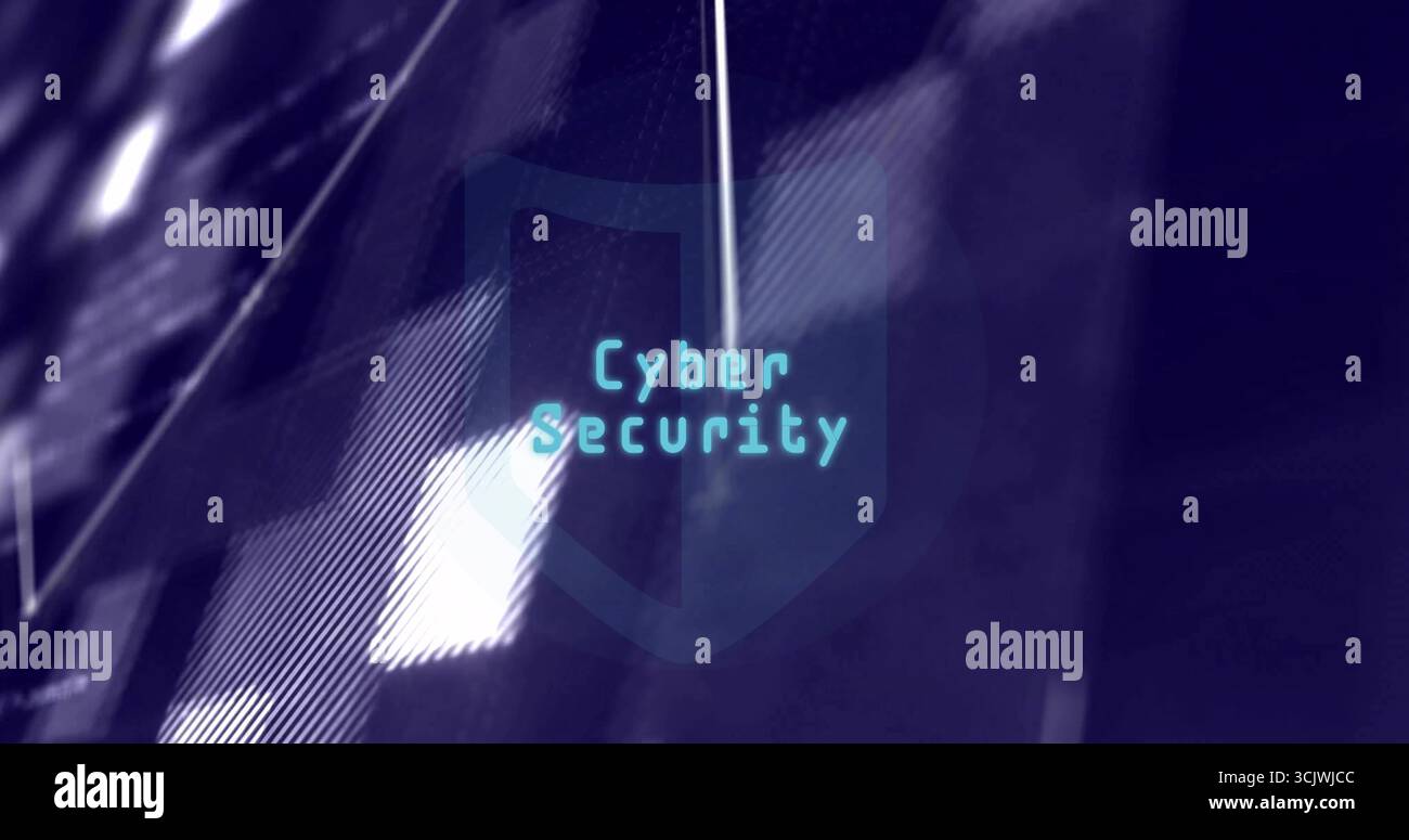 Hovering shield icon displaying Cyber Security on digital matrix, with lit squares, grid overlays Stock Photo