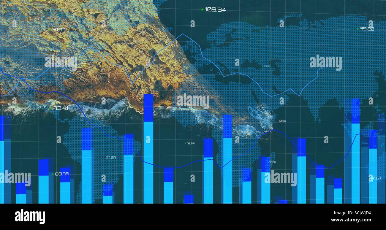 Rendering bar chart columns at software interface, with dotted world map and coastline overlay Stock Photo