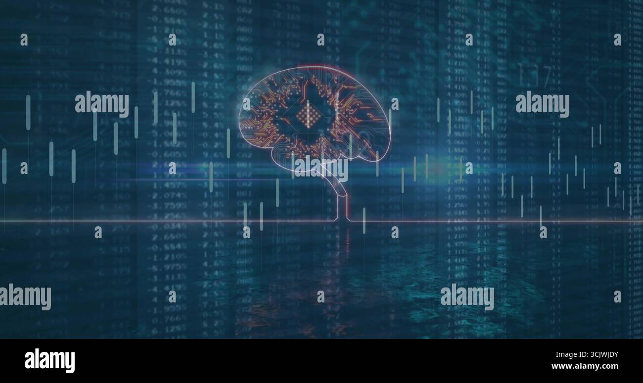 Showing digital brain icon hovering above virtual interface with candlestick bars and numeric data Stock Photo