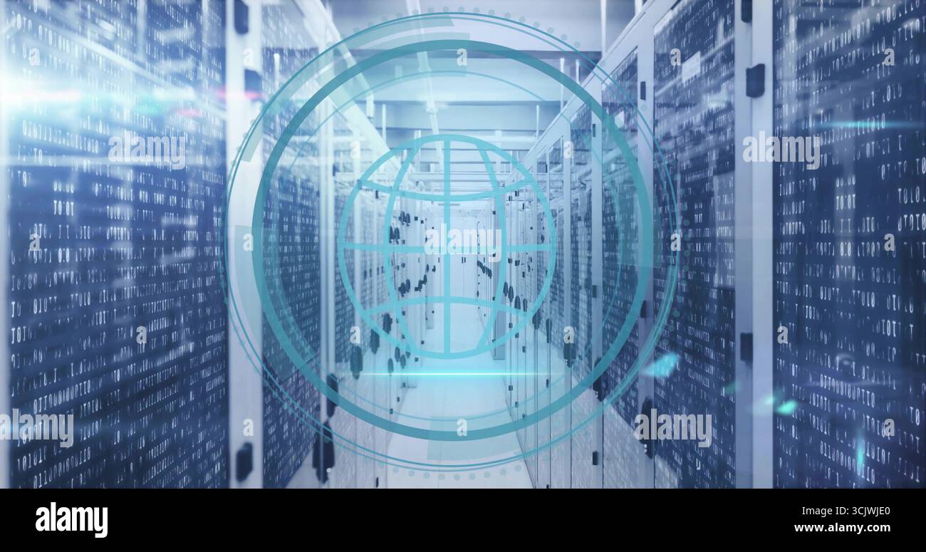Streaming binary code overlay crossing data center aisle, with server racks, globe network icon Stock Photo