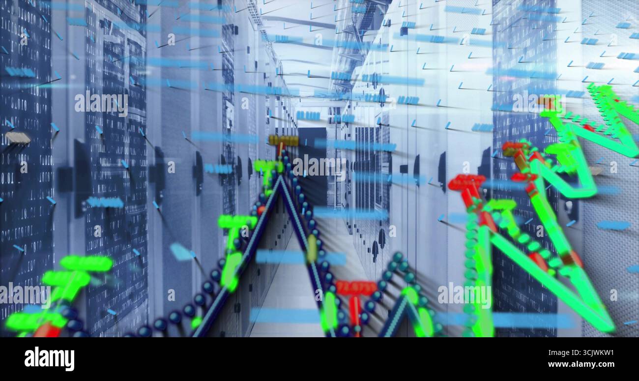 Displaying server racks lining data center corridor with binary code panels, floating 3D overlays Stock Photo