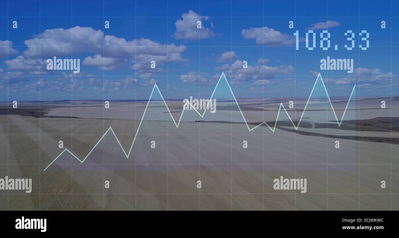 Displaying aerial farmland patchwork under partly cloudy sky with line ...
