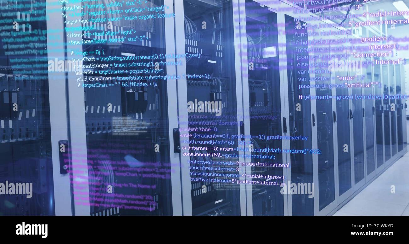 Stretching glass-door server racks showing blinking LEDs and code overlay in data center Stock Photo