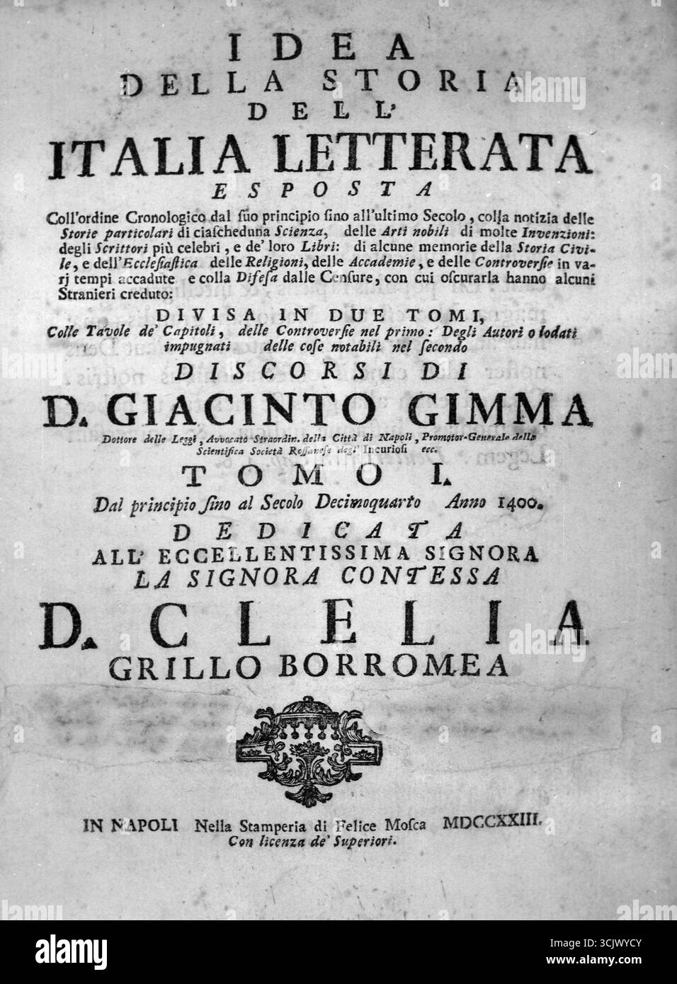 Idea of the Italian literary history,  cover page of the book by Italian author Giacinto Gimma, 1723 Stock Photo
