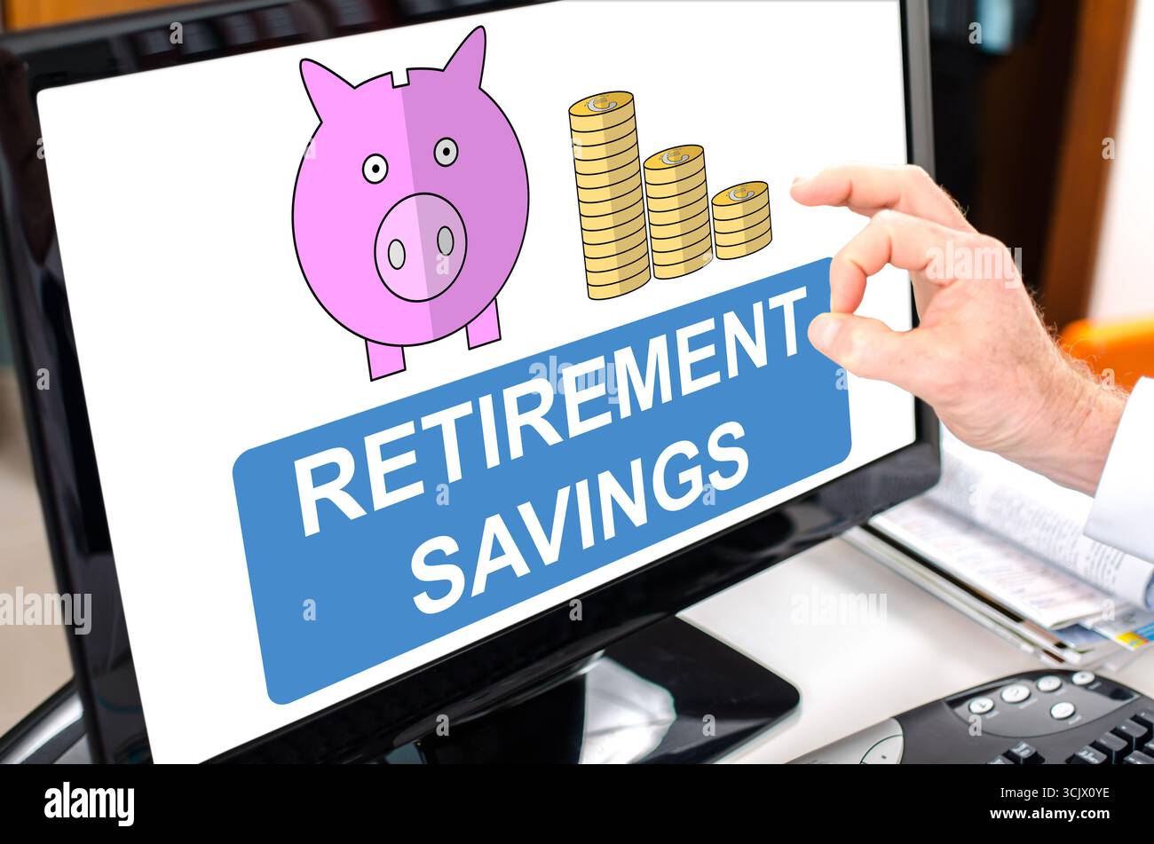 Retirement savings concept shown on a computer screen Stock Photo